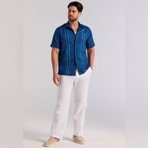 Cubavera Men's Large Blue Embroidered Linen Blend Button Vacation Shirt NWT